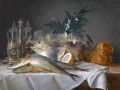 thumbnail Nature morte aux maquereaux, verrerie... sur une table avec une nappe blanche
