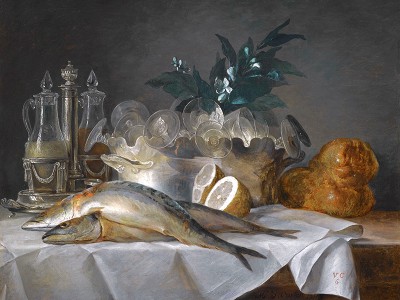 puzzle model Nature morte aux maquereaux, verrerie... sur une table avec une nappe blanche