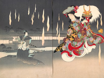 puzzle model Yaegaki-hime carrying the helmet of the warrior Shingen as she dances amidst magical foxfires