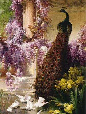 puzzle model Paon et tourterelles dans un jardin