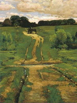 puzzle model Farmers cart cuts ruts and rills in grassy land with haystack