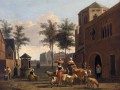 thumbnail View of a Town with Figures, Goats, and Wagon before a Church