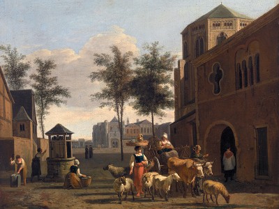 puzzle model View of a Town with Figures, Goats, and Wagon before a Church