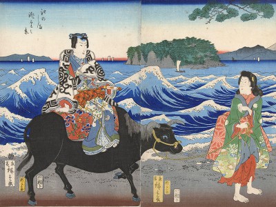 puzzle model In front of Enoshima Island, a Well Dressed Man Sitting on an Ox Pulled by a Barefoot Woman