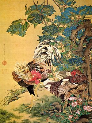 puzzle model Rooster and Hen with Hydrangeas