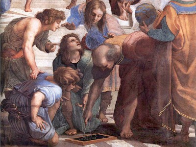 puzzle model The School of Athens, detail. Euclid, Zoroaster (globe), Ptolemy (world map)