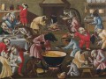 thumbnail Grotesque scene with animals and stylised figures in a kitchen