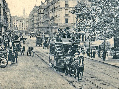 puzzle model Rue Monge in Paris: a Horse-Drawn Tramway