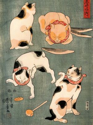 puzzle model Four cats in different poses illustrating Japanese proverbs