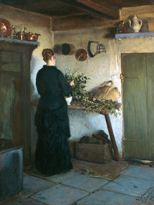 puzzle model Kitchen interior. The artist's wife arranging flowers